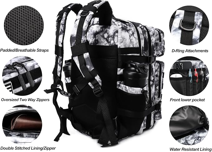 LHI Military Tactical Backpack for Men Molle Daypack 45L Army 3 Days Assault Pack Bag Large Rucksack With Bottle Holder Black and White(12*20*12) - Image 4