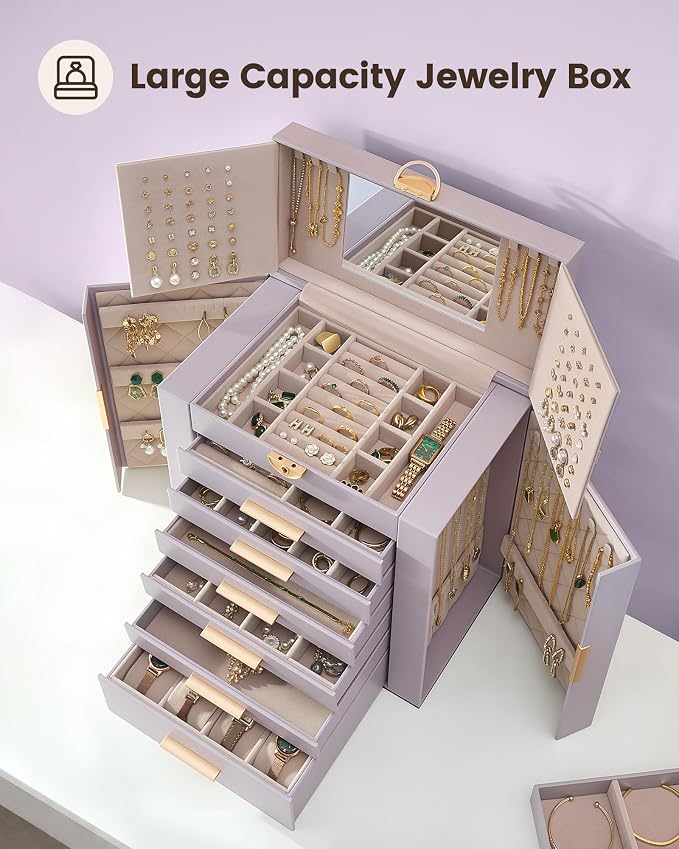 Lolalet Large Jewelry Box Organizer for Women, 7-Layer Jewelry Organizers and Storage Case with Mirror & 6 Drawers, Lockable Watch Ring Earring Bracelet Necklace Holder Girls Gift -7Layer, HazePurple - Image 2