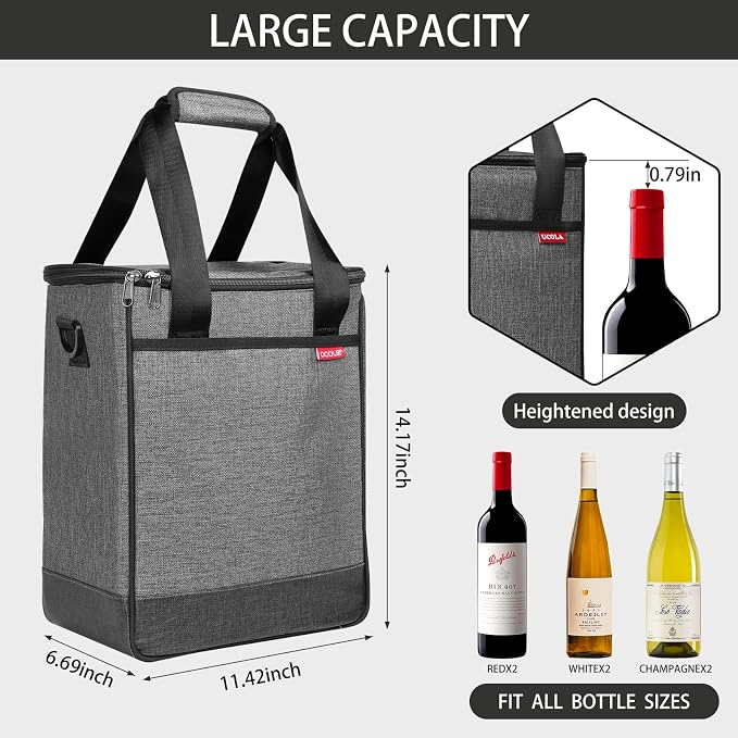 Wine Cooler Bag, Leakproof Insulated Wine Carrier Tote | Fits 2, 3 or 6 bottles with removable divider, shoulder strap, BYOB travel tote for champagne, liquor, picnic and gifts - Image 2