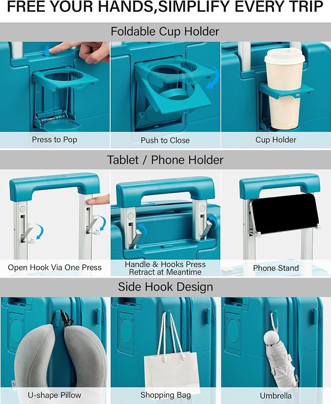 Hanke 20 Inch Expandable Carry On Luggage with Cup Holder 22x14x9 Airline Approved, Top Opening Hard Shell Suitcases with Wheels, Carry-On Travel Suitcase Trunk Luggage with Lock, Caribbean Blue - Image 2