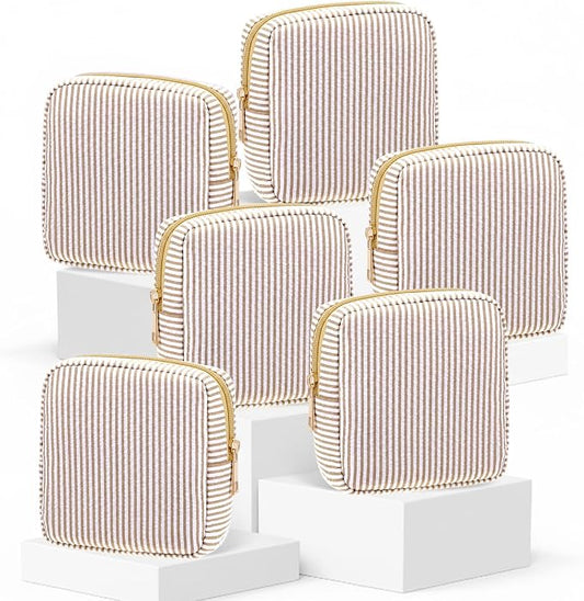 Sanwuta 6 Seersucker Cosmetic Bag Bulk Striped Makeup Bag for Women Aesthetic Cute Travel Toiletry Organizer Preppy Storage Pouch for Wedding Bridesmaid Mother's Day Teacher Gift (Small,Khaki) by Sanwuta