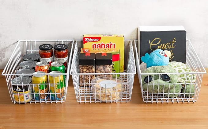 iPEGTOP Wire Storage Freezer Baskets, Set of 6 Large 15.4" Farmhouse Organizer Storage Bins Fridge Basket Rack with Handles for Kitchen Cabinets, Pantry, Office, Bathroom Organization - White - Image 3