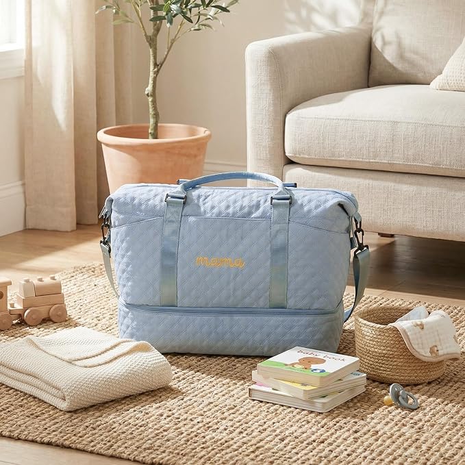 Dansydaisy Mama Hospital Bag for Women Labor Delivery Travel Duffle Bag with Shoe Compartment and Toiletry Pouch Waterproof Letter Embroidered for Pregnancy Weekender Overnight Gym Gift, Blue - Image 2