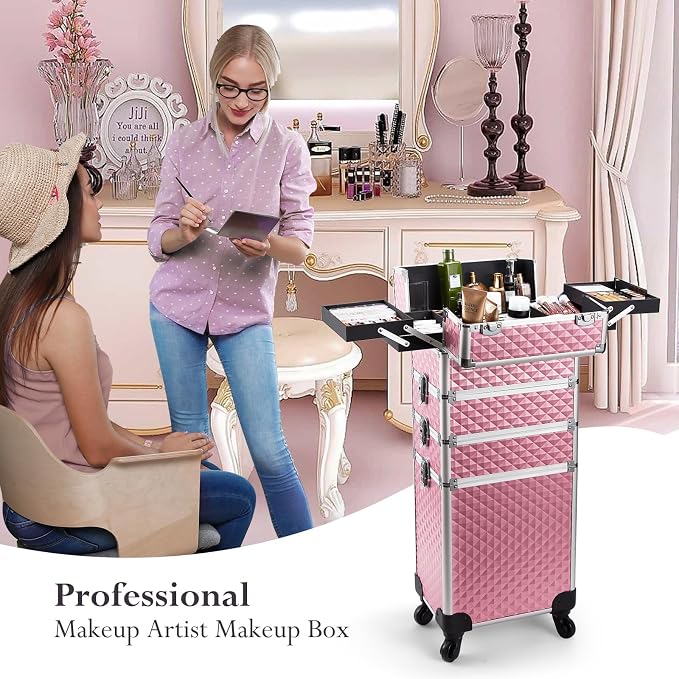 Faquenc Professional 4 in 1 Rolling Makeup Train Case with Wheels Cosmetic Trolley and Cosmetology Cart Trunk for Makeup Artists Hairstylists Nail Techs and Salons Large Capacity Pink - Image 4