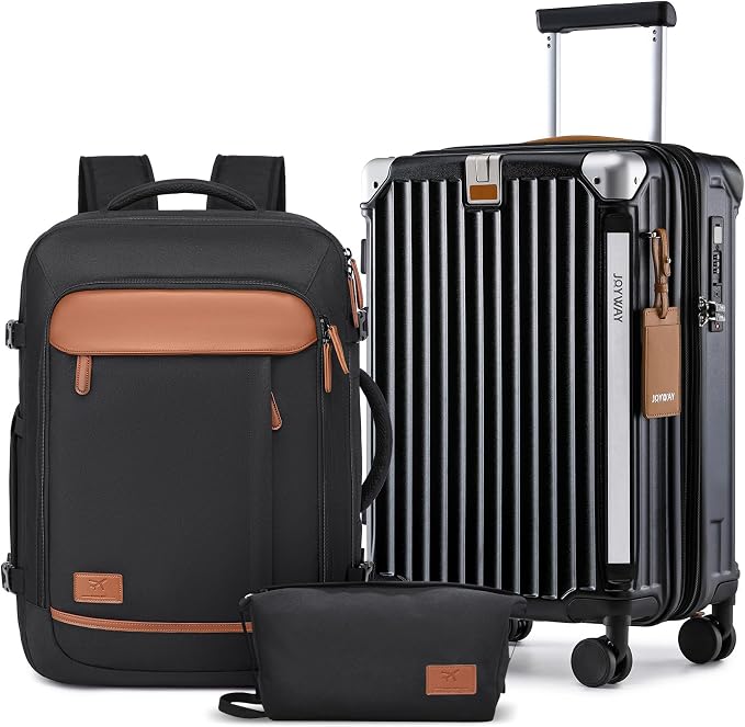 Joyway 20in Carry On Luggage with Cup Holder and USB Port, 25% Expandable Capacity, Smart Suitcase with Anti Slip Wheels and Backpack, Perfect for Men and Women 3 Piece Set Black by Joyway
