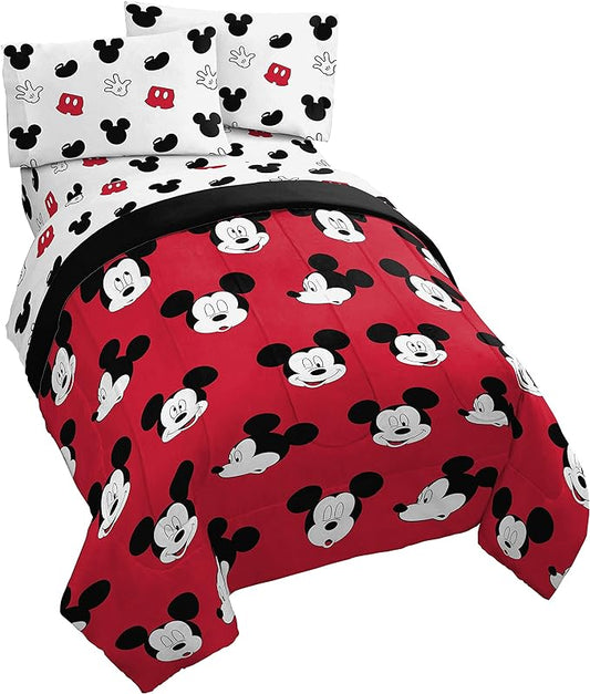 Disney Mickey Mouse Twin Comforter Set 4 Piece Kids Cartoon Bedding, Red | Bed in a Bag, Comforter Sheets Pillowcase, Official Product, Soft Microfiber, Machine Washable, Easy Care, Kids Gift by JayFranco