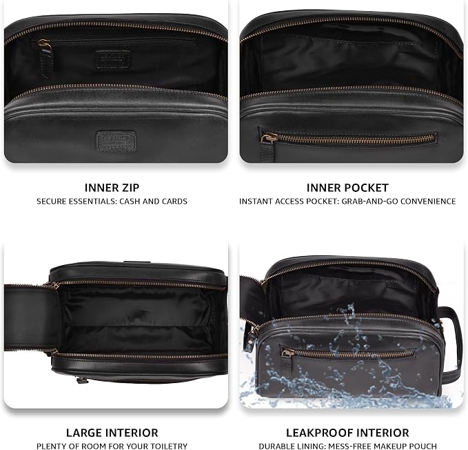 LEATHER VILLAGE Genuine Leather Toiletry Travel Bag With Waterproof Lining - Black | King-Size Handcrafted Vintage Dopp Kit Bag, Shaving & Bathroom Organizer, Gift for Men & Women - Image 3
