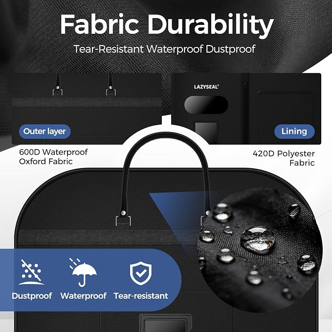 2 Pack 43" Garment Bag for Closet Storage and Travel, Tear-Resistant Waterproof Dustproof, Suit Bag for Hanging Clothes with Zippers and Pocket, Durable 600D Oxford Fabric for Suits, Dresses - Image 6