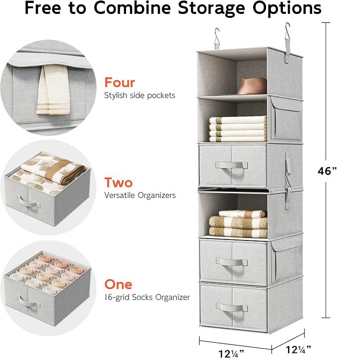 Vailando 6-Shelf Hanging Closet Organizer with 3 Drawers, 2 Separable 3-Shelf Closet Organizers and Storage for Wardrobe Organization, Hanging Dresser for Nursury & Dorm Clothes Organizer - Image 3