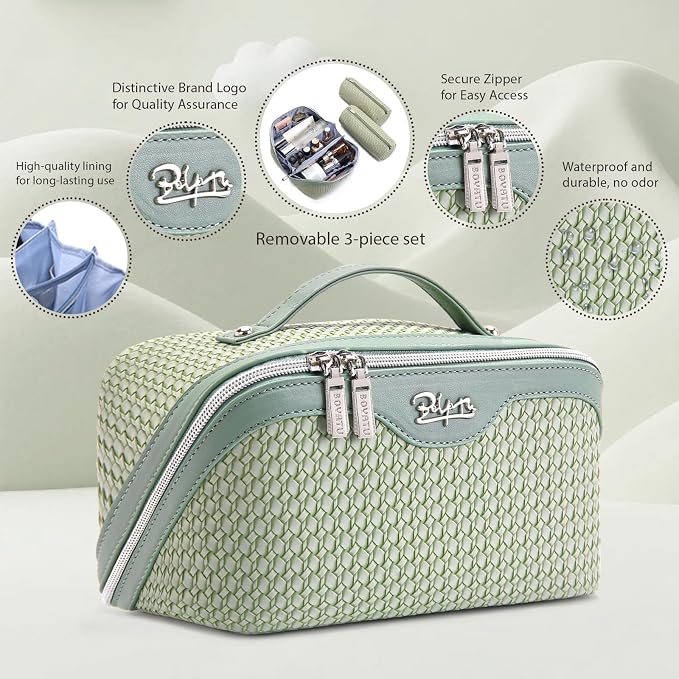 BOYATU Travel Makeup Bags for Women: Large Capacity Make up Bag with Wide Opening - 3 Pcs Set Waterproof Travel Toiletry Organizer for Full-Sized Bottles, Cosmetics & Brushes (Light Green-W) - Image 2