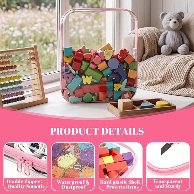 12 Pack Clear Hard Shell Zipper Case with 40 Labels, X-Large/Medium/Small Stackable Clear Pouches, Crush-resistant Travel Toiletry Bag Organizer for Makeup Board Games Electronics (Pink) - Image 3