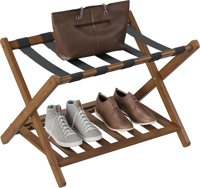 Smuxee Fully Assembled Black Walnut Luggage Rack, Upgraded Bamboo Foldable Suitcase Stand with 5 Nylon Straps, Luggage Holder with Shelf for Guest Room Bedroom Hotel - Image 8