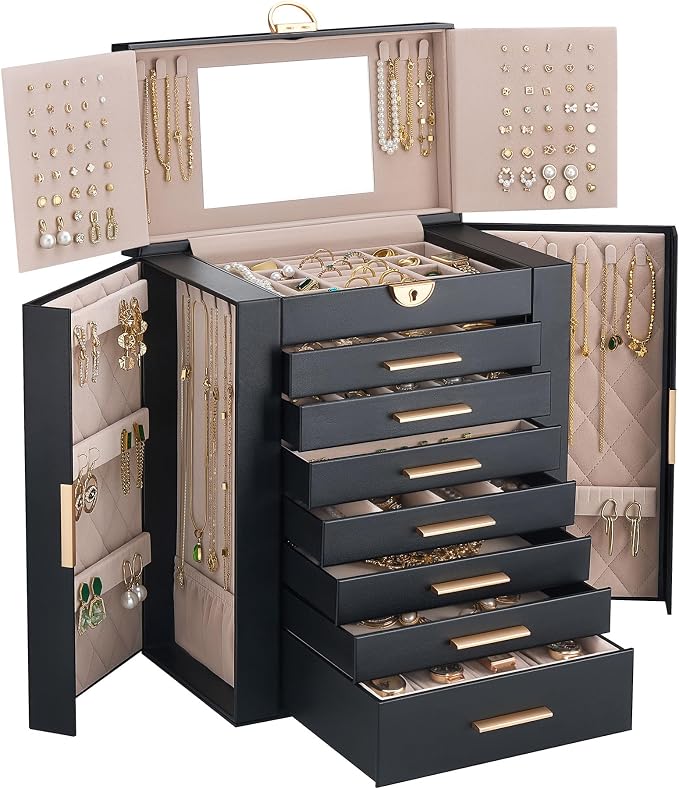 Lolalet Large Jewelry Box Organizer for Women, 8-Layer Jewelry Organizers and Storage Case with Mirror & 7 Drawers, Lockable Watch Ring Earring Bracelet Necklace Holder Girls Gift -8Layer, Black by Lolalet