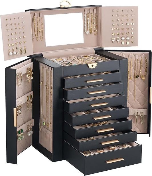 Lolalet Large Jewelry Box Organizer for Women, 8-Layer Jewelry Organizers and Storage Case with Mirror & 7 Drawers, Lockable Watch Ring Earring Bracelet Necklace Holder Girls Gift -8Layer, Black by Lolalet