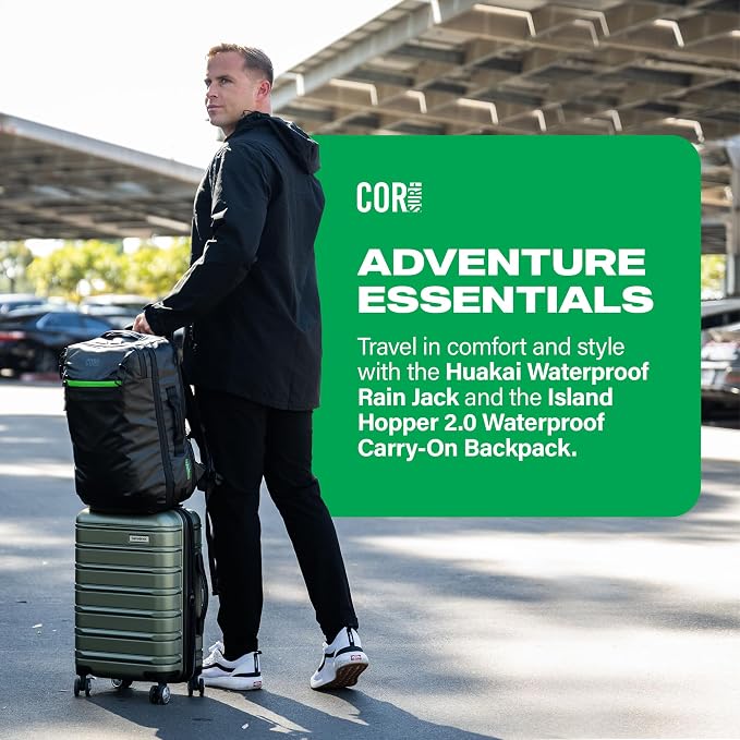 COR Surf Carry On Travel Backpack Bundle | Island Hopper Travel Backpack with Toiletry Bag and Compression Packing Cube Set (28L 2.0, Black with Green Zipper) - Image 9