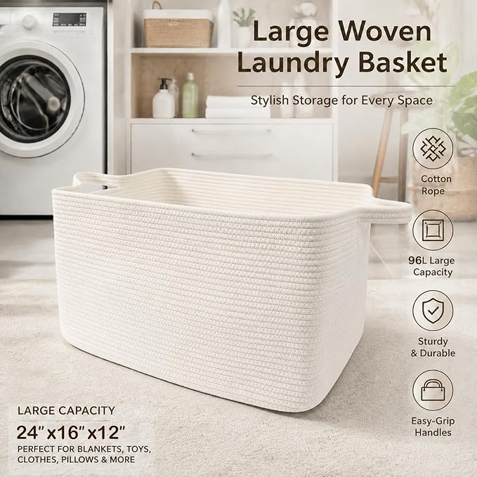 96L XXXLarge Woven Laundry Basket with Sturdy Handles - White | 24x16x15 Foldable Rectangular Blanket Basket for Toys, Clothes & Pillows,Ideal for Nursery, Bathroom, Bedroom, Living Room - Image 5