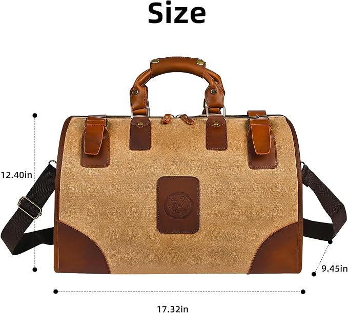 Canvas + Leather Travel Luggage Tote Duffle Gym Suitcase Weekender Overnight Bag For Men Male FB8151 (8151-Khaki-Shoulder Strap) - Image 7