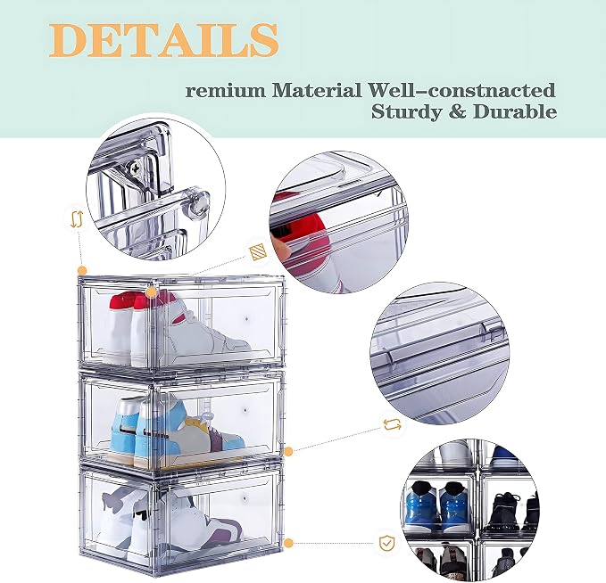 12 Pack Acrylic Clear Shoe Boxes– Ultra Clear Plastic Stackable Sneaker Storage For Sneakerhead. Professional Grade Shoe Display Case with Magnetic Door .Boots and Hat Organizer.Fits US Size 15 - Image 3