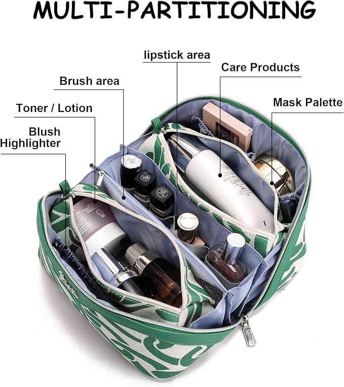 BOYATU Travel Makeup Bag for Women: Large Capacity 3-Piece Cosmetic & Toiletry Organizer - Expands Storage by 50% with 2 Detachable Pouches,Opens Flat for Easy Packing,Waterproof PU Leather(Green) - Image 4