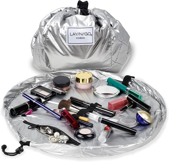 Lay-n-Go Cosmo Layflat Drawstring Cosmetic & Makeup Bag Organizer - Portable Drawstring Makeup Bag w/Zipper Pocket, Makeup Loops & More -Durable, Machine Washable Toiletry Bag (20", Metallic Silver) by Lay-n-Go
