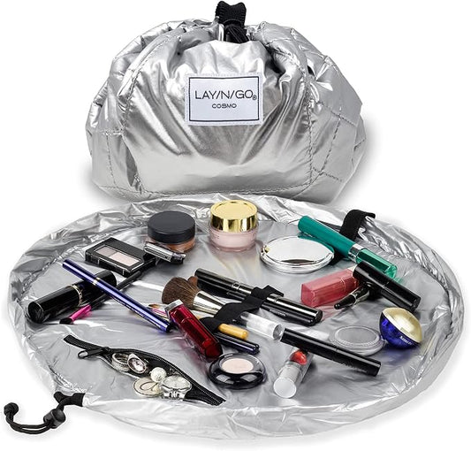 Lay-n-Go Cosmo Layflat Drawstring Cosmetic & Makeup Bag Organizer - Portable Drawstring Makeup Bag w/Zipper Pocket, Makeup Loops & More -Durable, Machine Washable Toiletry Bag (20", Metallic Silver) by Lay-n-Go