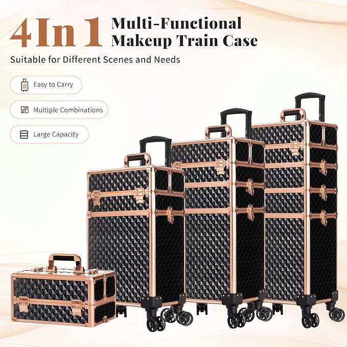 AROUS Rolling Makeup Train Case 4 in 1 Cosmetology Case on Wheels Large Storage Cosmetic Trolley with Key Salon Barber Case Traveling Cart Trunk,Gold&Black - Image 2