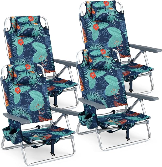 Giantex Folding Beach Chair, Patio Sling Chairs with 5 Adjustable Position, Head Pillow, Storage Bag, Towel Bar, Cup Holders, Backpack Chairs for Sunbathing, Camping Chair by Giantex