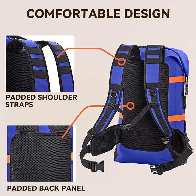 HEETA Dry Bags Waterproof Backpack 40L for Men & Women, Roll Top Heavy Duty Cushioned Hiking Backpack for Kayaking Boating Paddle Boarding Fishing Travel Camping Beach Vacation Cruise Ship Essentials - Image 6