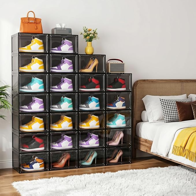 Large Shoe Boxes Clear Plastic Stackable, 8 Pack Drop Side Shoe Storage Organizer with Magnetic Door, Shoe Container Sneaker Storage Display Case Fit up to US Size 13 Black - Image 7