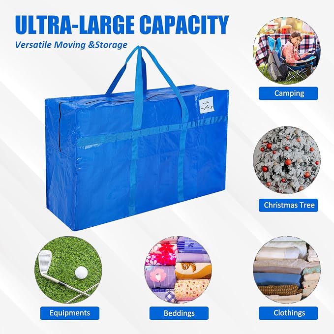 Windyun 4 Pack 41 Gallon Extra Large Moving Bags XXL Heavy Duty Storage Bag with Strong Zipper Handle Jumbo Big Tote Box Foldable for College Dorm Travel Clothes Duffle Blanket Pillow(Blue) - Image 4