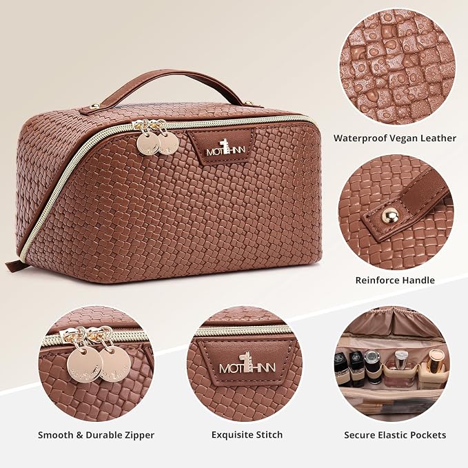 Travel Makeup Bag for Women: Designer 3 Pcs Set Cosmetic Bags for Women - Large Capacity Vagen Leather Hand-made for Toiletry Organizer - Ladies Travel Flat Open Essentials for Luxury (07Brown) - Image 4