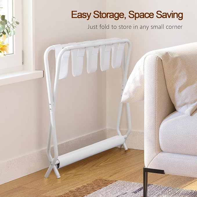AMHANCIBLE Luggage Rack, Set of 2, Foldable Suitcase Stands for Guest Room, Metal Luggage Holder with Storage Shelf for Bedroom, Hotel, Easy Assemble, White HLR02WT - Image 5