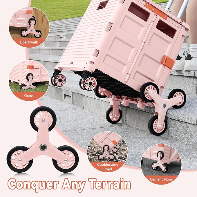 Foldable Utility Cart Portable Crate Rolling Dolly with Telescopic Handle,Can be Pulled diagonally, Magnetic Retractable Lid, 360°Swivel Climbing Wheels for Shopping Carrying Groceries Move Pink - Image 2