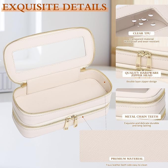 Double Layer Makeup Bag Makeup Brush Case Waterproof Travel Cosmetic & Toiletry Bag Purse Organizer and Car Essentials for Women (Beige, 2-Layer SLIM) - Image 6
