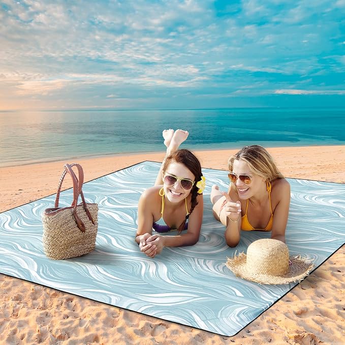HIHOHO Beach Blanket Waterproof Sandproof Beach Mat for 1-8 Adults Quick Drying Durable Outdoor Picnic Mat for Beach Festival Travel Camping Hiking (Ocean Wave-Dark BL, 79"×83"(4 Person)) - Image 6