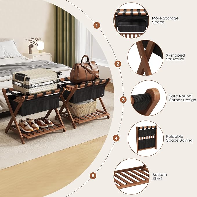 Full Assembled 26.77" L Luggage Rack for Guest Room, Set of 2 Foldable Suitcase Stand with 5 Nylon Straps & Cloth Bag, Luggage Stand Holder with Shoe Shelf for Suitcases Hotel (Walnut Bamboo) - Image 3