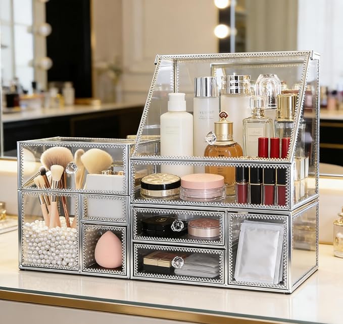 Tempered Glass Makeup Organizer with Heart Shaped Metal Frame, Large Cosmetic Storage Drawer Cabinet, Dustproof Vanity Display Case for Lipstick Makeup Brush Skincare Bathroom Bedroom - Image 5
