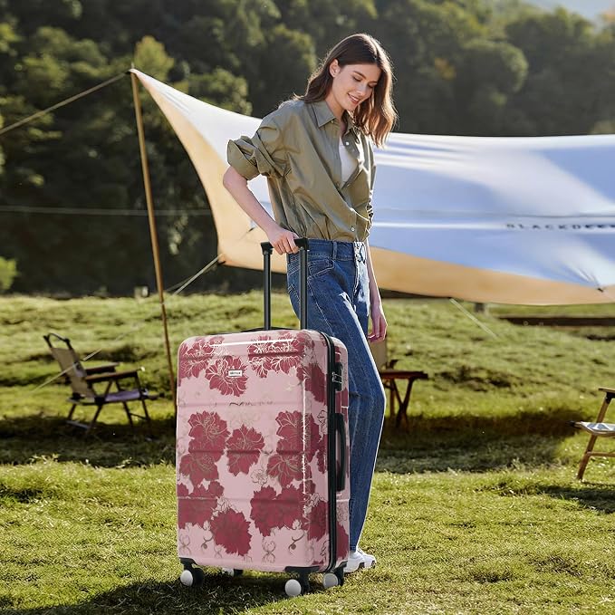Merax Luggage Set,5 Piece Luggage with Handbag and Cosmetic Case | Hardside Printing Suitcase with Wheels,Carry on Luggage Airline Approved(Purple Pink Flower,8/14/20/24/28) - Image 8