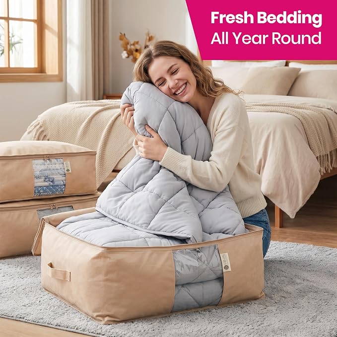 Cedar Storage Bag Organizer for Bedding Set - Protects from Moths, Moisture, Dirt & Dust - Set of 3 Storage Bags for Bed Sheets, Comforter, Pillows & More - Space-Saving Bedding Organizer, Beige - Image 2