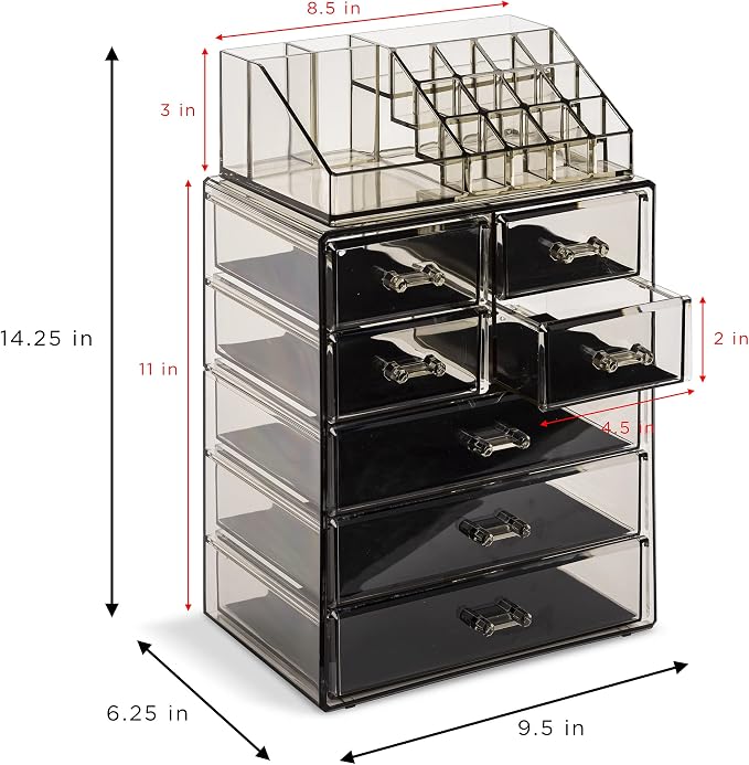 Sorbus Acrylic Makeup Organizer Set, 7-Drawer Vanity & Countertop Cosmetic Storage with Small & Wide Compartments, Black-Tint Makeup Storage for Brushes, Jewelry – Holiday Gift for Women & Teens - Image 3