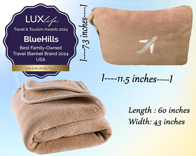 BlueHills 2-Pack Soft Plush Mini Travel Blanket Pillow Airplane, Warm Beige | Premium Compact in Bag, Portable for Flight, Traveling Essentials, Travel Set Blankets, Luggage Belt & Backpack Clip, Gifts - Image 5