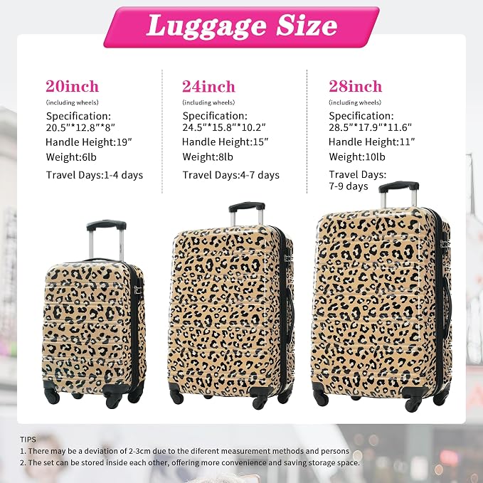 Merax Suitcase Set, Hardshell Luggage Sets 3 Piece with Spinner Wheels | Expandable Durable Suitcase with TSA Lock Lightweight 20" 24" 28", Brown Leopard - Image 2