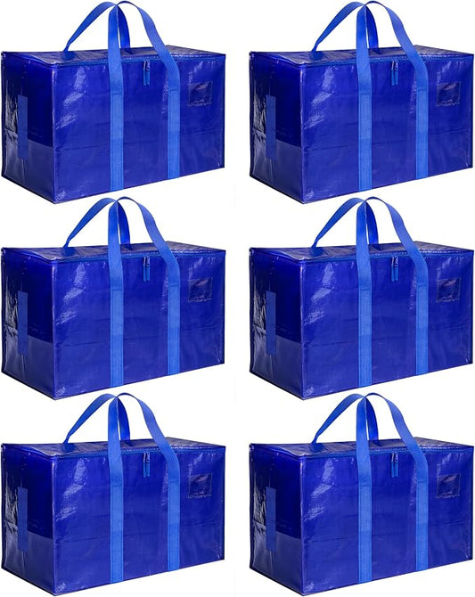 HealSmart 6 Pack Large Moving Bags with Zippers & Handles, Moving Supplies with lids, Heavy Duty Totes for Space Saving, Fold Flat, Moving and Storing, Blue by HealSmart