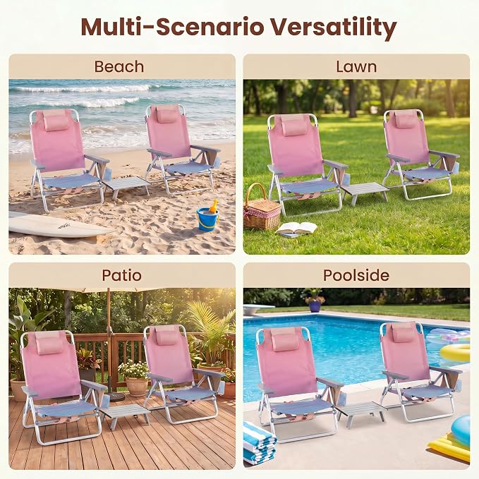 Giantex Folding Beach Chair, Patio Sling Chairs with 5 Adjustable Position, Head Pillow, Storage Bag, Towel Bar, Cup Holders, Backpack Chairs for Sunbathing, Camping Chair - Image 9