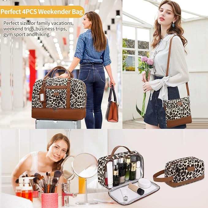 Wogarl 4PCS Weekender Bags for Women Large Overnight Weekend Travel Duffel Carry on Shoulder with Shoe Compartment Canvas Toiletry Bag for Travel Business Gym - Image 2