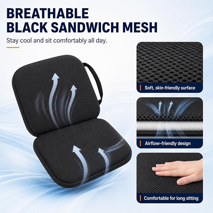 Sojoy 3 in 1 Foldable Gel Seat Cushion Featured with Memory Foam Breathable Seat Cushion for Pressure Relief (Size: 18.5“ x 15" x 2"，Black Mesh) - Image 2