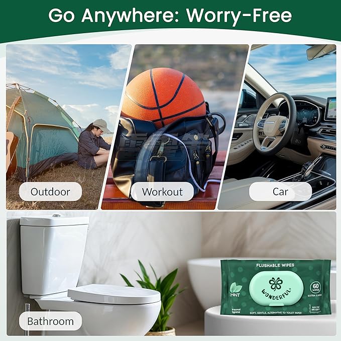 WONDERFUL Flushable Butt Wipes, Mint 100% Plant-Based Wet Wipes for Adults & Kids, Sewer & Septic Safe, Gentle for Sensitive Skin, Wipes Flushable Pack for Bathroom & Travel, 1-Pack (60 Wipes)