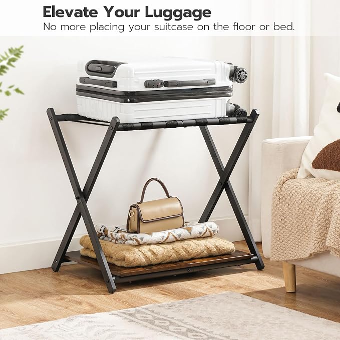 HOOBRO Folding Luggage Rack, Suitcase Stand Holder with Wooden Storage Shelf, Holds up to 110 lb, 27.2 x 15.7 x 24 Inches, for Guest Room, Bedroom, Closet, Hotel, Rustic Brown and Black BF68XL01G1 - Image 8
