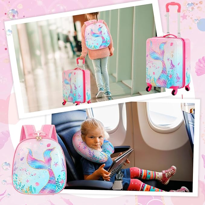 Sanwuta 4 Pcs Kids Luggage Set Back to School Gifts for Girls Boys Carry On Rolling Suitcase Backpack Neck Pillow Travel Set(17 Inch,Mermaid's Tail Style,Blue Purple) - Image 6