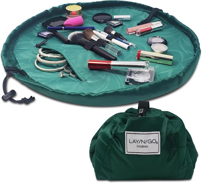 Lay-n-Go Cosmo Lay Flat Drawstring Cosmetic & Makeup Bag Organizer - Zipper Pocket, Brush Loops & More - Durable, Machine Washable Toiletry Carrier for Travel, Cinch Closure, Gift (20", Evergreen) by Lay-n-Go